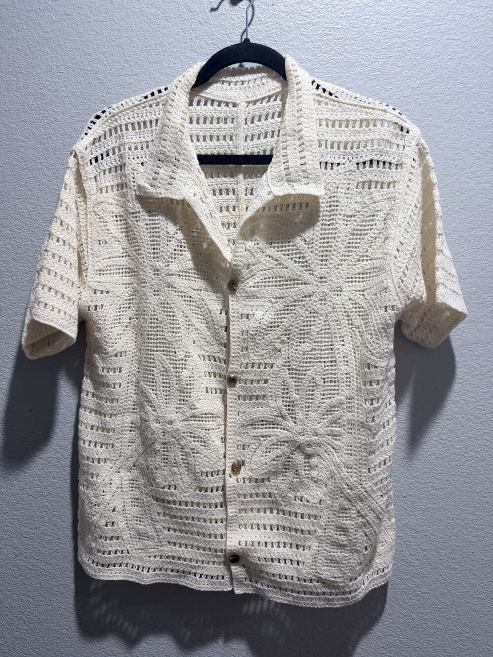 Resort Style Boho Chic Beachwear Crochet See-Through sheer Beige Shirt Small